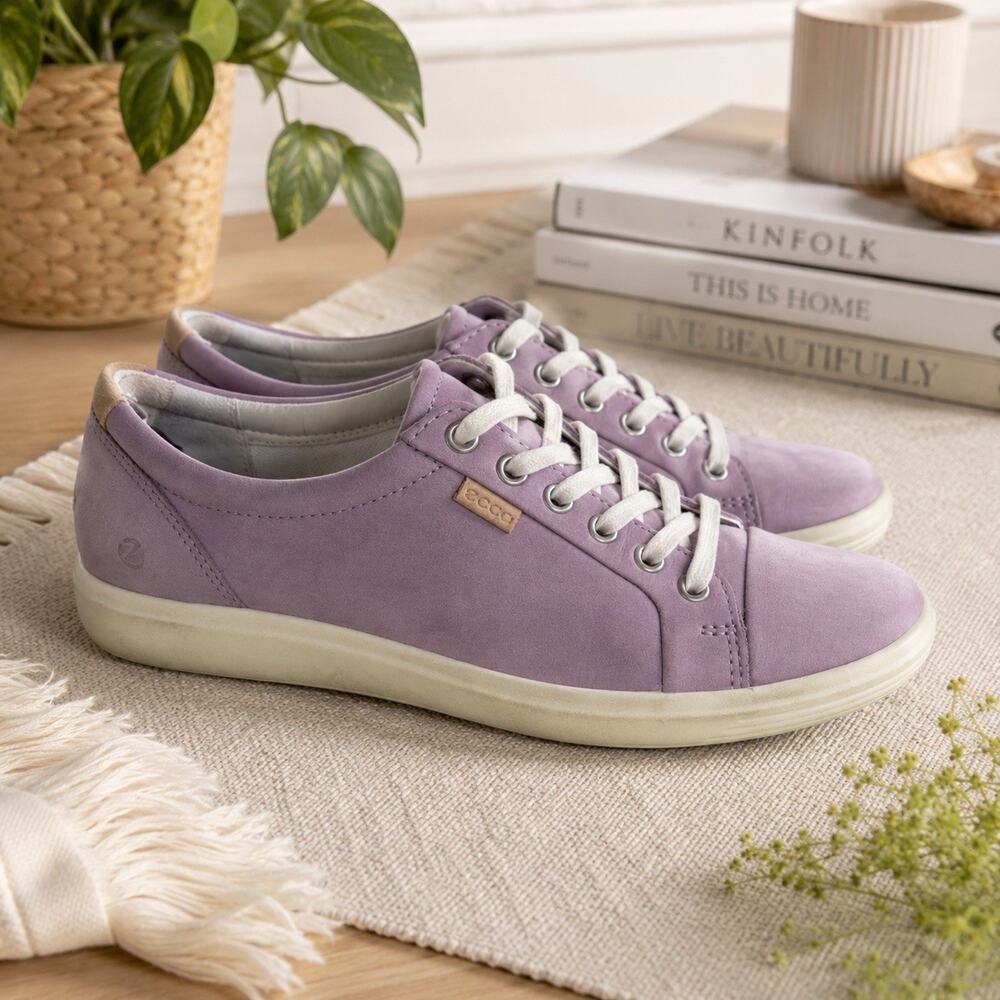 Ecco Soft 7 Women Pink Nubuck Size 7.5 Purple Lavender Lace Up Sneakers School